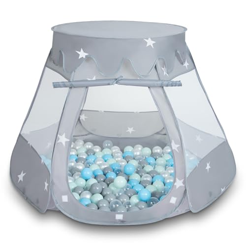 SELONIS Baby Spielzelt Mit Plastikbällen Zelt 105X90cm/300 Bälle Plastikkugel Kinder, Grau:Perle-Grau-Transparent-Babyblau-Mint von SELONIS