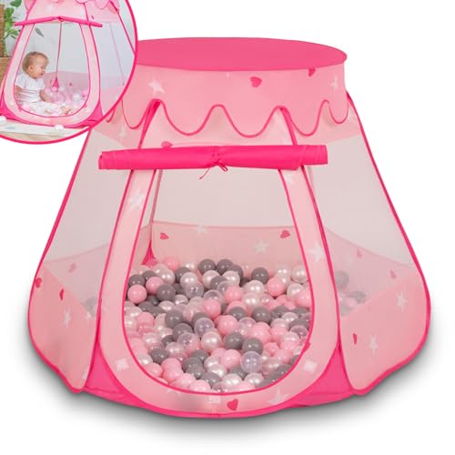 Selonis Baby Spielzelt Mit Plastikbällen Zelt 105X90cm/600 Bälle Plastikkugel Kinder, Pink:Perle-Grau-Transparent-Puderrosa von SELONIS