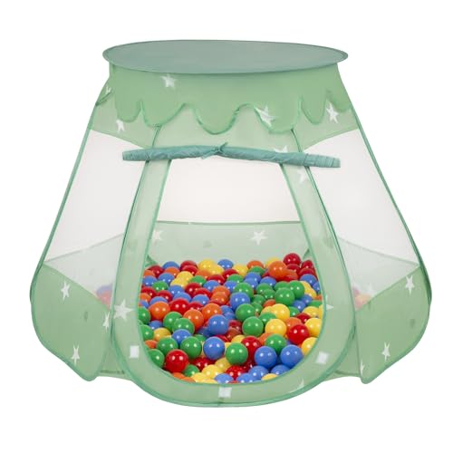 SELONIS Baby Spielzelt Mit Plastikbällen Zelt 105X90cm/600 Stück Bälle Plastikkugel Kinder, Minze:Gelb/Grün/Blau/Rot/Orange von SELONIS