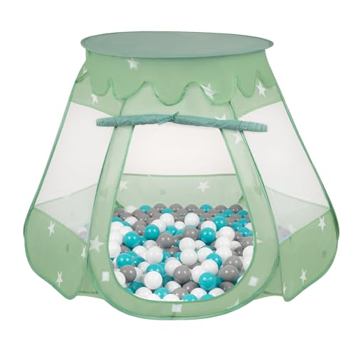 Selonis Baby Spielzelt Mit Plastikbällen Zelt 105X90cm/100 Stück Bälle Plastikkugel Kinder, Minze:Grau/Weiß/Türkis von SELONIS