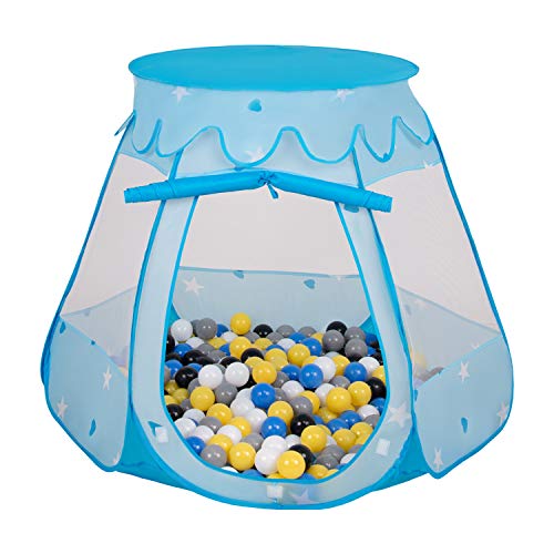 Selonis Baby Spielzelt Mit Plastikbällen Zelt 105X90cm/200 Bälle Plastikkugel Kinder, Blau:Schwarz-Weiß-Grau-Blau-Gelb von SELONIS