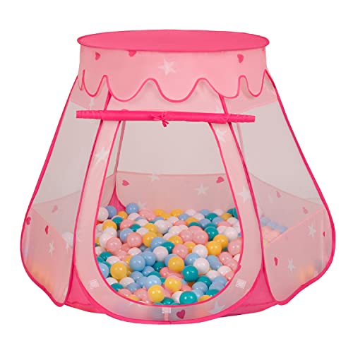 Selonis Baby Spielzelt Mit Plastikbällen Zelt 105X90cm/200 Bälle Plastikkugel Kinder, Pink:Weiß-Gelb-Babyblau-Puderrosa- von SELONIS