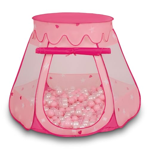 Selonis Baby Spielzelt Mit Plastikbällen Zelt 105X90cm/300 Bälle Plastikkugel Kinder, Pink:Puderrosa-Perle-Transparent von SELONIS