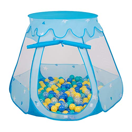 Selonis Baby Spielzelt Mit Plastikbällen Zelt 105X90cm/600 Bälle Plastikkugel Kinder, Blau:Türkis-Blau-Gelb-Transparent von SELONIS