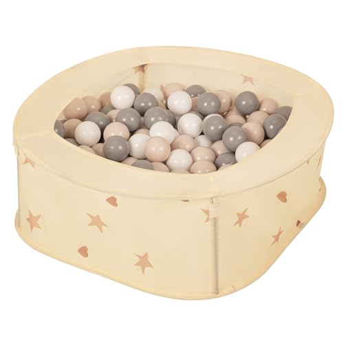 Selonis Faltbarer Laufstall Für Kinder 81X81X28cm/100 Bälle Pop-Up Laufgitter Fröhliches Design Mit Sternen Und Herzen Leicht Zu Transportieren, Hellbeige: Pastellbeige/Grau/Weiß von SELONIS