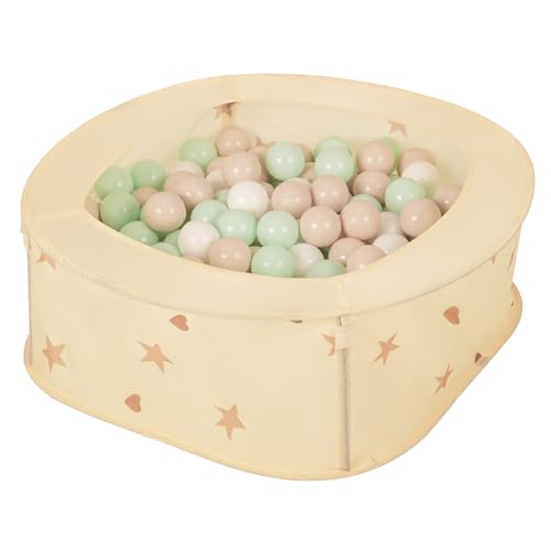 Selonis Faltbarer Laufstall Für Kinder 81X81X28cm/100 Bälle Pop-Up Laufgitter Fröhliches Design Mit Sternen Und Herzen Leicht Zu Transportieren, Hellbeige: Pastellbeige/Weiß/Minze von SELONIS