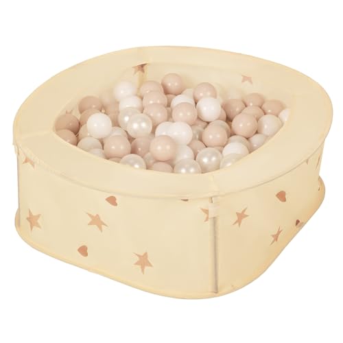 Selonis Faltbarer Laufstall Für Kinder 81X81X28cm/100 Bälle Pop-Up Laufgitter Fröhliches Design Mit Sternen Und Herzen Leicht Zu Transportieren, Hellbeige: Pastellbeige/Weiß/Perle von SELONIS