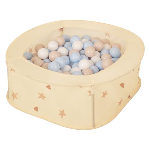 Selonis Faltbarer Laufstall Für Kinder 81X81X28cm/200 Bälle Pop-Up Laufgitter Fröhliches Design Mit Sternen Und Herzen Leicht Zu Transportieren, Hellbeige: Pastellbeige/Pastellblau/Weiß von SELONIS