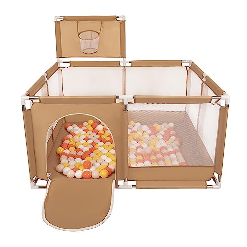 Selonis Laufstall Mit Korb Und 400 Bälle Laufgitter Für Kinder, Beige:Gelb/Orange/Pastellbeige/Weiß von SELONIS