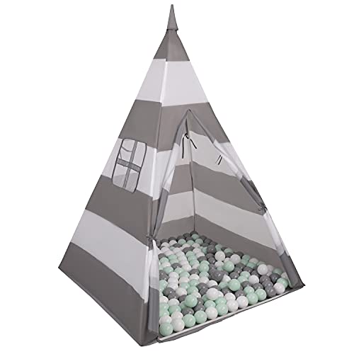 Selonis Tipi Spielzelt Mit 100 Bälle 6 cm Indianerzelt Für Kinder, Grau-Weiße Streifen:Weiß/Grau/Mint von SELONIS