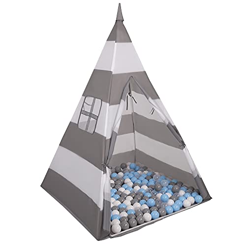 Selonis Tipi Spielzelt Mit 900 Bälle 6 cm Indianerzelt Für Kinder, Grau-Weiße Streifen:Grau/Weiß/Transparent/Babyblau von SELONIS