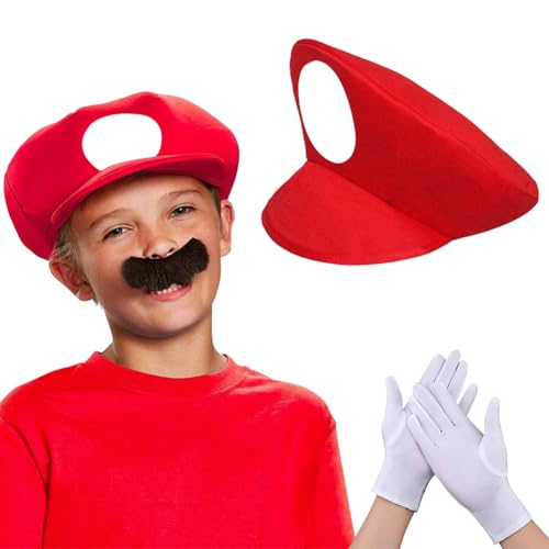 SEMINISMAR Kostuim Zubehor,Rot Mutzen Handschuhen Klebe-Barten fuir Erwachsene und Kinder,Brüder Kostüm Hut Cap,Hut Cosplay,Hut Cap Herren DamenKappe fur Verkleidung Karneval Halloween von SEMINISMAR