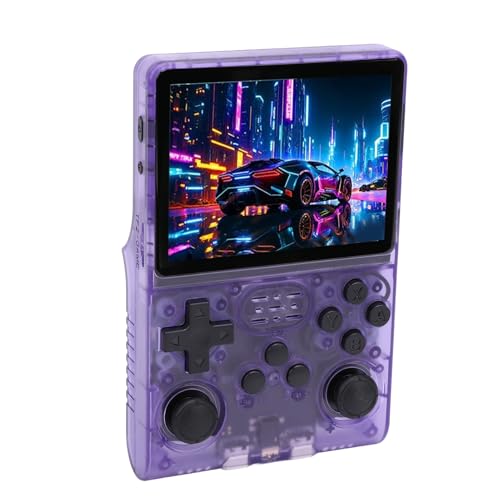 SENECESLI Handheld Spielekonsole, RK3326 64 Bit Retro Videospielkonsole, Unterstützt 20 Emulatoren, 3,5 Zoll IPS Bildschirm DDR3L 4 GB Handheld Game Player für 2 Spieler (Transparentes Lila) von SENECESLI