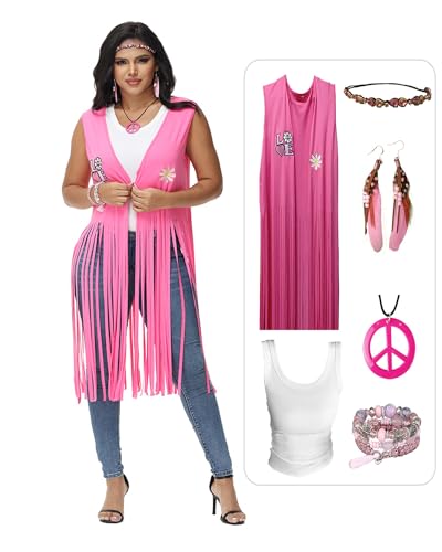 SENLI Hippie-Kleidung, 60er-, 70er-Jahre Outfits für Damen, Halloween-Kostüm, Fransenweste, 70er-Jahre, Disco-Outfit, Zubehör (Rosa, klein) von SENLI