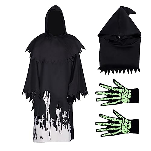 SENZZ Sensenmann Halloween-Kostüm, Schwarzer Sensenmann-Umhang - Umhang mit Kapuze, der im Dunkeln leuchtet, Glow in The Dark Death Reaper Gruselige atmungsaktive Weihnachtskostüme für Partys von SENZZ