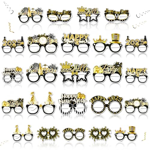 SEPGLITTER Silvester Brille, 24 Stücke Happy New Year Brille 2025 Partybrille Silvester Schwarz Gold Happy New Year Partybrillen 2025 Silvester Foto Requisiten von SEPGLITTER