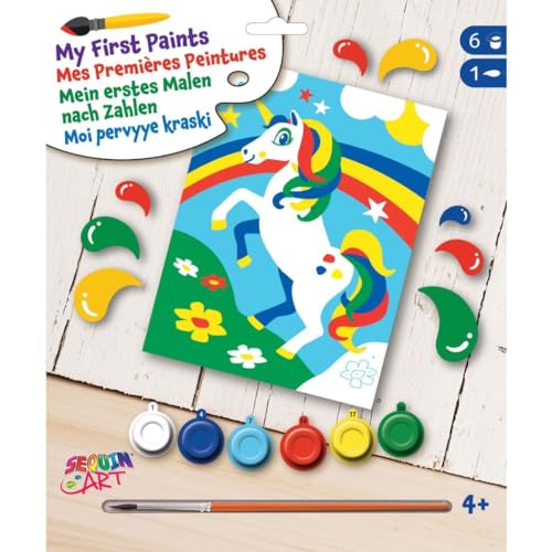 Mammut Spiel & Geschenk 8342013 - Mein erstes Malen nach Zahlen Motiv Einhorn, Komplettset mit bedruckter Malvorlage, Anfänger Set mit 6 Acrylfarben und Pinsel, Tiermotiv Malset für Kinder ab 4 Jahre von Sequin Art