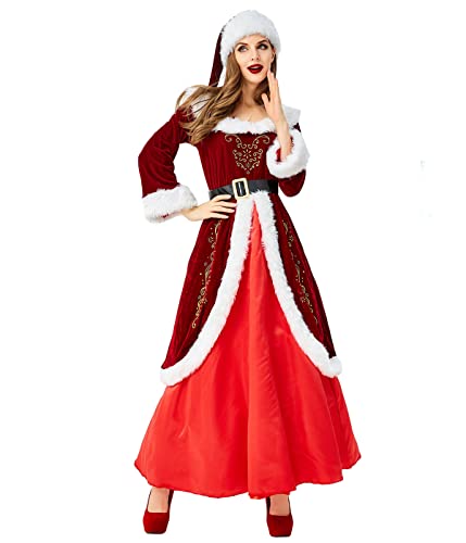 SERQUENIF Damen Deluxe Kostüm Frau Claus Kostüme Erwachsene Weihnachtsmann Helfer Klassisches Kleid mit Hut Gürtel Weihnachtskostüm Rot X-Large von SERQUENIF