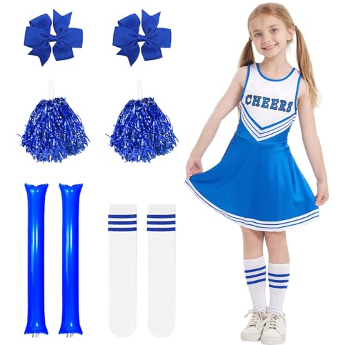 SERTAS Cheerleader Kostüm Kinder, Cheerleadering Outfit Mädchen,Mädchen Karneval Kostüm, Cheerleader kleid (Blau, 110) von SERTAS