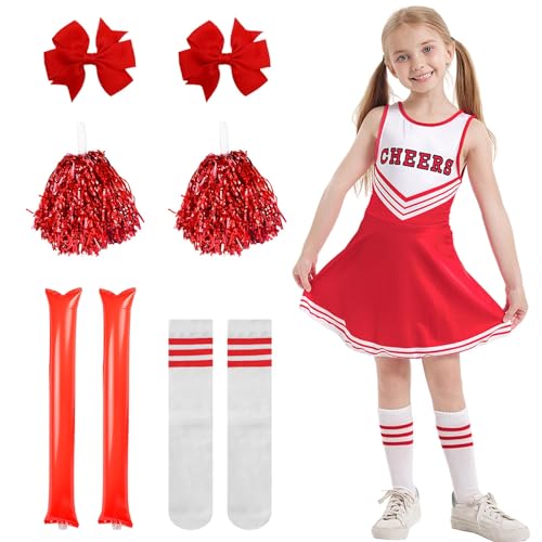 SERTAS Cheerleader Kostüm Kinder, Cheerleadering Outfit Mädchen,Mädchen Karneval Kostüm, Cheerleader kleid (Rot, 110) von SERTAS