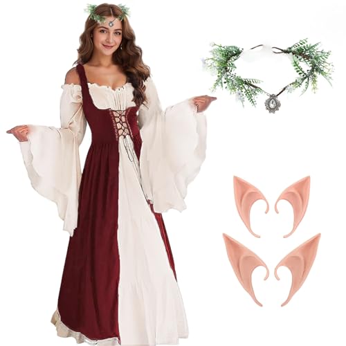 SERTAS Damen Mittelalter Kleid, Traditionelles Irisches Kleid für Halloween Cosplay Renaissance Kleid Kostüm Damen mit Elfenohren, Haarschmuck, Feenkleid Halloween Kleid Damen (Burgunderrot, L) von SERTAS