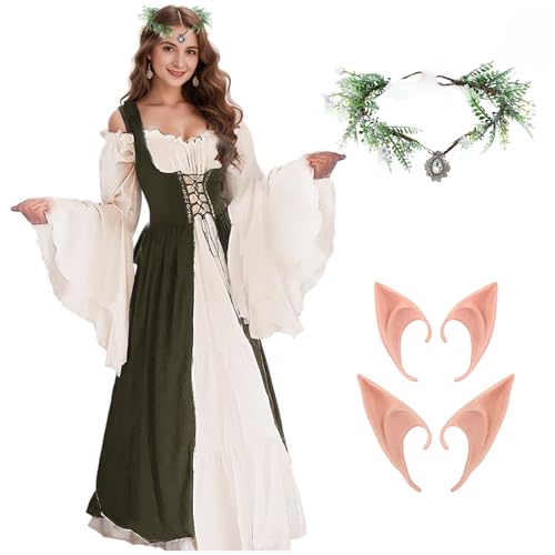 SERTAS Damen Mittelalter Kleid, Traditionelles Irisches Kleid für Halloween Cosplay Renaissance Kleid Kostüm Damen mit Elfenohren, Haarschmuck, Feenkleid Halloween Kleid Damen (Grün, L) von SERTAS