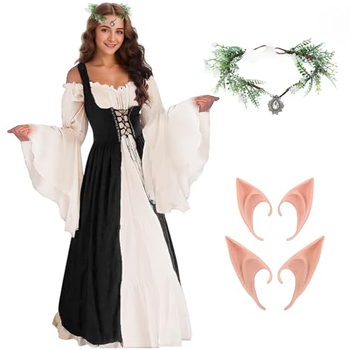 SERTAS Damen Mittelalter Kleid, Traditionelles Irisches Kleid für Halloween Cosplay Renaissance Kleid Kostüm Damen mit Elfenohren, Haarschmuck, Feenkleid Halloween Kleid Damen (Schwarz, L) von SERTAS