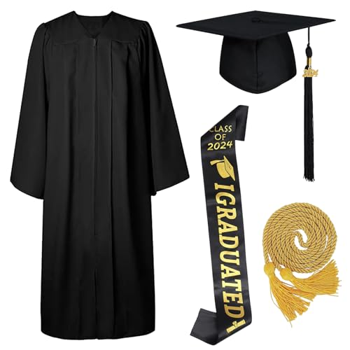 SERTAS Graduation Robe,2024 Abschluss Robe mit Hut,Zeremoniengürtel und Ehrenkordel,Graduation Hat,Graduation,Talar 2024 für Hochschule/Abitur/Bachelor/Master Abschlussfeier (Schwarz, 51) von SERTAS