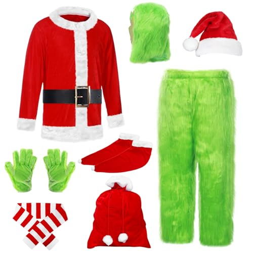 SERTAS Grünes pelziges Monster-Kostüm für Erwachsene, 9-teiliges Set, Weihnachtsmann-Kostüm für Erwachsene, Weihnachtselfe, Plüschmaske, Deluxe-grünes pelziges Monster für Erwachsene, Größe L von SERTAS