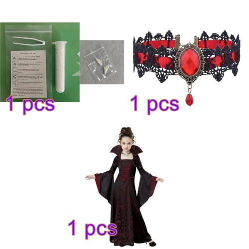 Halloween Kostüm Kinder Vampir Mädchen Halloween Royal Vampir Costume Set for Girls Krawatte Großer Stehend Hals Ausgestelltes Ärmel Bedrucktes Quadratisches Halskleid Burgun von SERTAS