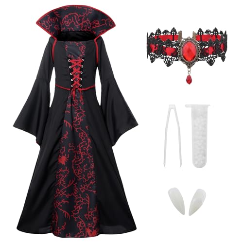 Halloween Kostüm Kinder Vampir Mädchen Halloween Royal Vampir Costume Set for Girls Krawatte Großer Stehend Hals Ausgestelltes Ärmel Bedrucktes Quadratisches Halskleid Burgun von SERTAS