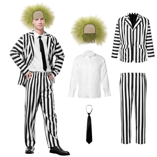 SERTAS Halloween-Kostüm für Herren, Erwachsenenkostüm, schwarz-weiß gestreifter Anzug mit Perücke, Halloween-Kostüme für Halloween, Cosplay-Party, Größe M SERTAS Halloween-Kostüm für Herren, Erwachsenenkostüm, schwarz-weiß gestreifter Anzug mit Perücke, Halloween-Kostüme für Halloween, Cosplay-Party, Größe M von SERTAS