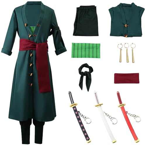 SERTAS Anime Figuren Cosplay Kostüm Outfit Grün,Nach 2 Jahren Wano Country Grün Kimono Anzüge,Mantel + Hose + Taillenband + Gürtel + Turban + Ohrringe + Schlüsselanhänger von SERTAS