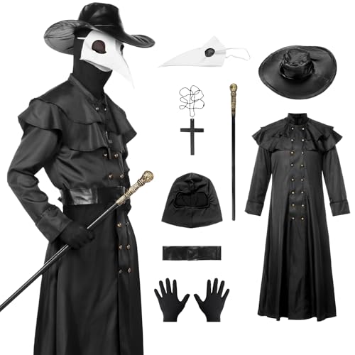 SERTAS Pestdoktor-Halloween-Kostüm-Set, mittelalterliches Steampunk-Kostüm, Pestarzt-Maske, Cosplay, Halloween-Kostüm, schwarzer Robe, Rollenspiel, Outift für Erwachsene, Männer, Frauen (weiße Maske SERTAS Pestdoktor-Halloween-Kostüm-Set, mittelalterliches Steampunk-Kostüm, Pestarzt-Maske, Cosplay, Halloween-Kostüm, schwarzer Robe, Rollenspiel, Outift für Erwachsene, Männer, Frauen (weiße Maske von SERTAS
