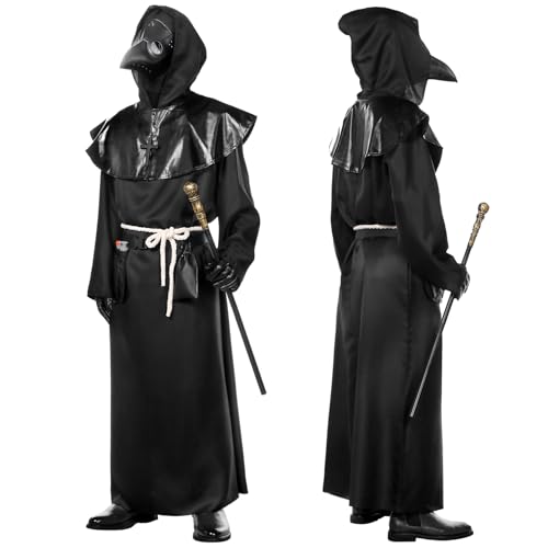 SERTAS Pestdoktor Kostüm Herren Plague Doctor Costume Steampunk Cosplay PestDoktor Maske mit Mönchskutte Zepter Hut Handschuhe Plague Doctor Costume Outfit für Halloween Fasching Party von SERTAS