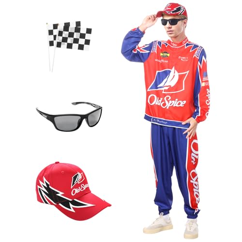 SERTAS Ricky Bobby-Kostüm, Nacht-Kostüm, Rennfahrer-Kostüm, Cosplay, Ricky Bobby-Jacke für Halloween, Erwachsene, Herren, Damen, Rot, Größe L von SERTAS