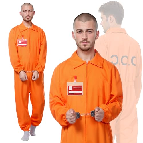 SERTAS Gefängnis Kostüm Orange Herren,Halloween Häftling Kostüm Herren,Orange Prison Jumpsuit,Prisoner Costume Orangener Overall Inklusive DOC-Gefängnisuniform,Handschellen,Informationsvisitenkarte von SERTAS