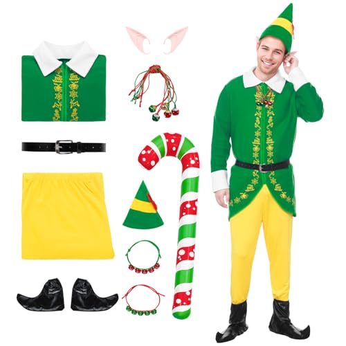 SERTAS Weihnachtselfen-Kostüm für Erwachsene, Unisex, Erwachsenenkostüm, Weihnachts-Kostüm, Weihnachts-Kostüm, Cosplay-Sets, Elfenkostüm für Herren und Damen (Herren, Größe L) von SERTAS