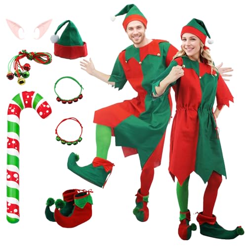 SERTAS Weihnachtselfen-Kostüm für Erwachsene, Unisex, Erwachsenenkostüm, Weihnachts-Kostüm, Weihnachts-Kostüm, Weihnachtsmann-Helfer-Cosplay-Sets, Elfenkostüm für Herren und Damen, Größe L von SERTAS