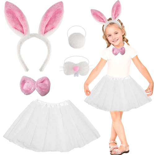 SERTAS Weißes Kaninchen-Kostüm, 5-teiliges Set für Mädchen, Tutu-Kleid, Hasenohren-Kopfschmuck, Hasen-Tierkostüm, Faschingskostüm, Cosplay-Kostüm für Ostern, Halloween-Party (Rosa, Einheitsgröße) von SERTAS