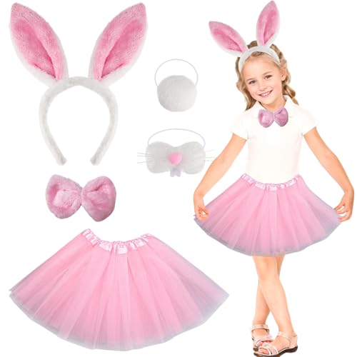 SERTAS Weißes Kaninchen-Kostüm, 5-teiliges Set für Mädchen, Tutu-Kleid, Hasenohren-Kopfschmuck, Hasen-Tierkostüm, Faschingskostüm, Cosplay-Kostüm für Ostern, Halloween-Party (Weiß, Einheitsgröße) von SERTAS