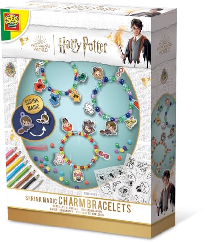 SES Creative 09343 Harry Potter Schrumpffolie Magic Armbänder Set für Kinder, farbige Perlenmischung und Harry Potter Figur Schrumpffolie + Farbstifte von SES Creative