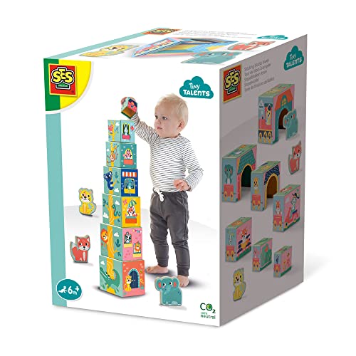 SES Creative 13142 Stapelwürfel Set mit Tierfiguren, Farbenfrohes Lernspielzeug für Babys von SES Creative