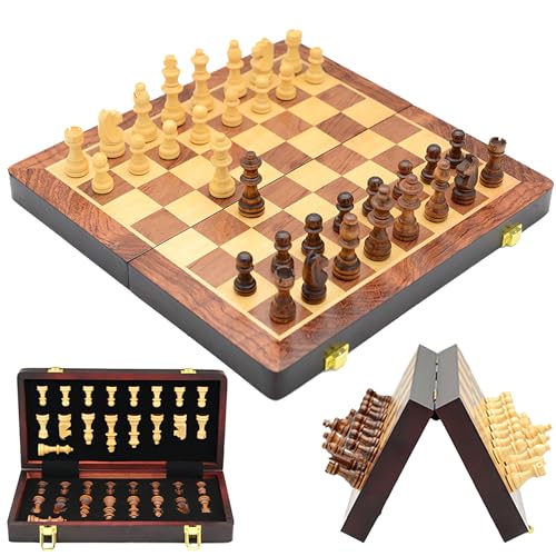 SESAMIS Magnethaftendes Schachspiel in klappbarer Schachkassette mit Schachfiguren - 3 in 1 Holz Schach Dame Backgammon Set, ideal für Kinder und Erwachsene - Tragbar und faltbar - Chess Set (39*39cm) von SESAMIS