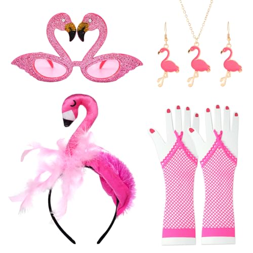 Haarreif Flamingo,Flamingo Kostüm Damen,Kopfschmuck Flamingo Hut Hawaii Haarschmuck Flamingo Brille Handschuhe Flamingo Halskette Flamingo Ohrringe für Verkleidung,Mottoparty,Karneval,Fasching Kostüm von SFNN