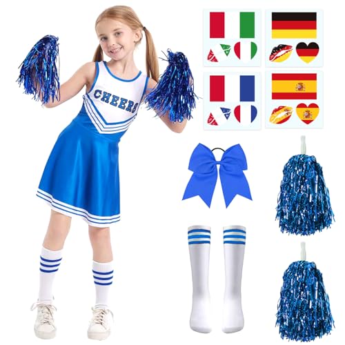 SFNN 5er Set Cheerleader Kostüm Kinder,Cheerleadering Outfit Mädchen mit Pompoms,Socken,Tattoo-Aufkleber und Kopfschmuck,Cheerleading Uniform Kleid,Kinder Cheerleadering für Karneval Party (Blu, 120) von SFNN