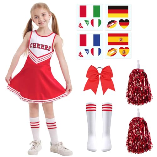 SFNN 5er Set Cheerleader Kostüm Kinder,Cheerleadering Outfit Mädchen mit Pompoms,Socken,Tattoo-Aufkleber und Kopfschmuck,Cheerleading Uniform Kleid,Kinder Cheerleadering für Karneval Party (Rot, 150) von SFNN