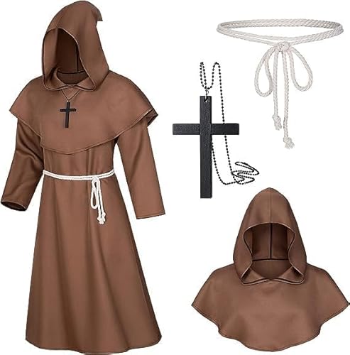 SFNN Robe Mönch Kostüm Herren, Männer Prister Gewand Kostüm mit Kapuze und Kreuz, Mittelalterliche Renaissance Robe für Mottoparty, Halloween Cosplay Karneval und Fasching (Braun, M) von SFNN