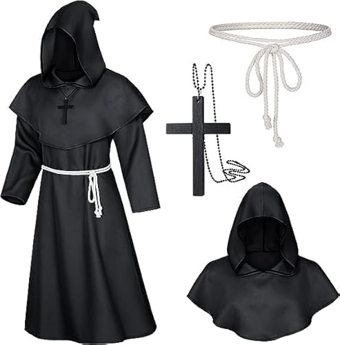 SFNN Robe Mönch Kostüm Herren, Männer Prister Gewand Kostüm mit Kapuze und Kreuz, Mittelalterliche Renaissance Robe für Mottoparty, Halloween Cosplay Karneval und Fasching (Schwarz, L) von SFNN