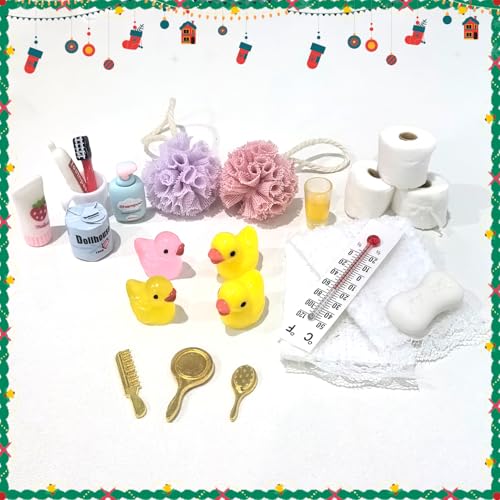 Wichtel Zubehör Set,15pcs Miniatur Wichtelzubehör Bade-Set für Wichteltür Weihnachten Deko und Puppenhaus, Wichtel Wasch Set Badeutensilien mit Mini Zahnpasta Zahnbürste Badeschwamm Ente Klopapier Rol von SFNN